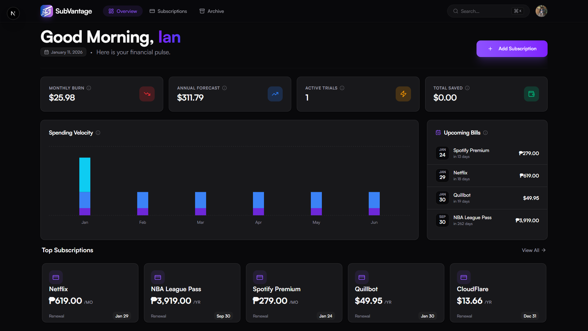 SubVantage Dashboard Interface